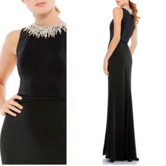 MAC DUGGAL BEADED COLLAR THIGH SLIT BLACK COLUMN GOWN sz 10 - Picture 5 of 5